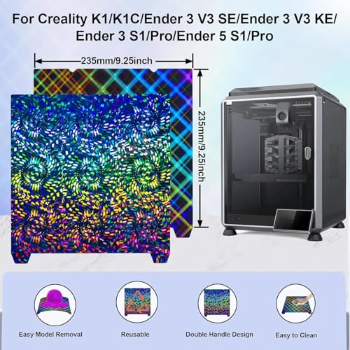 IdeaFormer-3D Rainbow Gear PEW+Plaid PES Build Plate for Creality K1C/K1/K1 SE/Ender 3 V3 SE/KE/Ender 3 S1/Pro/Ender 5 S1,Flexible PEW PES Spring Steel Effect Sheet Removable Platform 235x235mm - color: Rainbow Gear PEW+Plaid PES