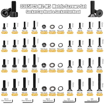 ZTF 3745PCS Metric Bolt Assortment Kit, M2-M10 Hex Socket Screws & Nuts - size: Flange+Flat+Button Head 3745Pcs
