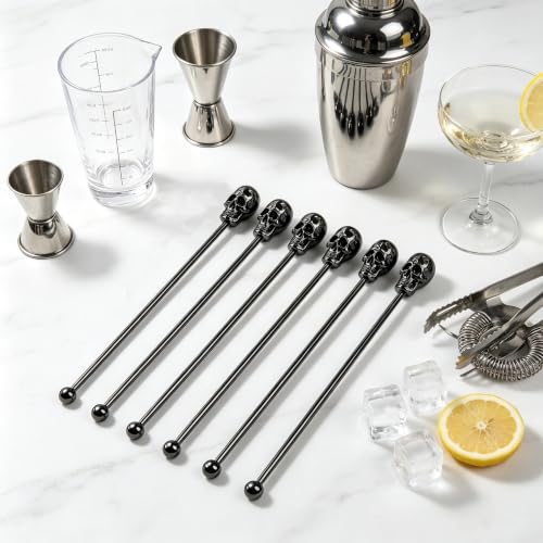 Homestia 6Pcs 7.5'' Metal Swizzle Sticks, Skull Halloween Cocktail Stirrers - color: Skull Series Black