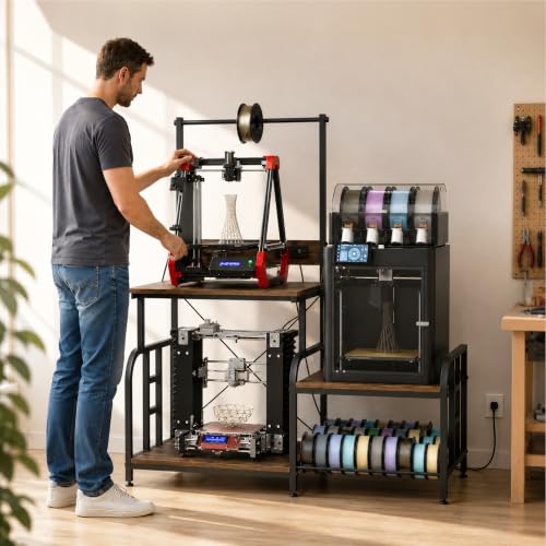 3D Printer Stand with Filament Storage Rack, Power Outlet, Spool Holder - color: Rustic Brown