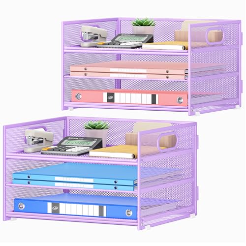 Paper Organizer with Handle,2P-3 Tier Purple Desk Organization Set - color: 2 Pack 3 Tier - Purple, size: 12.6" x 9.1" x 8.1"