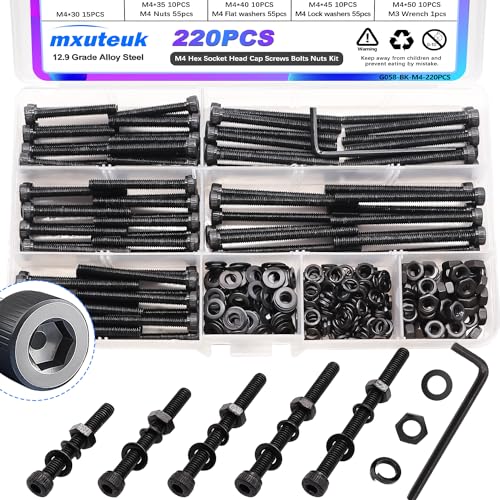 mxuteuk 220PCS M4 Screws Assortment Set,M4 x 30/35/40/45/50mm Hex Socket Head Cap Screws Bolts Nuts Kit,12.9 Grade Alloy Steel M4 Bolts with Hex Wrench - size: 220PCS M4 x 30/35/40/45/50mm