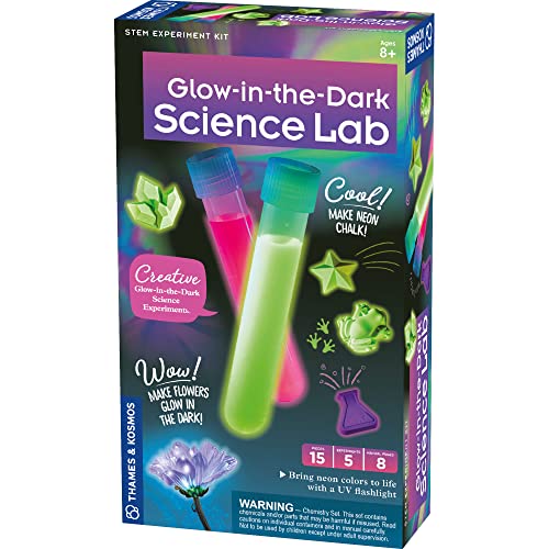 Thames & Kosmos Glow-in-The-Dark Science Lab STEM Experiment Kit | 5 Fun, Safe Activities with Glowing Substances & Neon Pigments! | DIY Glow Sticks, Neon Chalk & More | Includes UV Flashlight