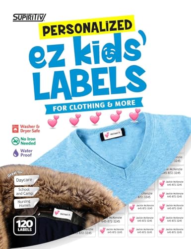 120 Custom Personalized Waterproof Name Labels | Hearts Icon | Self Stick | Clothing, School, Camp, Nursing, Toys, All Purpose | Ez Kids and All Ages | Washer, Dryer & Dishwasher Safe | No-Iron - color: Hearts Icon