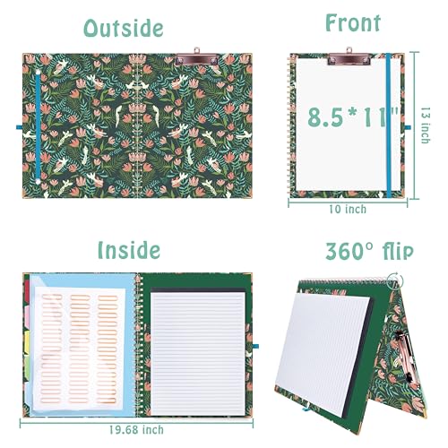HAUTOCO Clipboard Folio with Refillable Notepad for Letter Size (11" x 8.5"), 5 Dividers with 10 Pockets, Elastic Pen Holder and File Folder Labels, Spiral Nurse Clipboard Artboard(Flower Bird) - color: Flower Bird