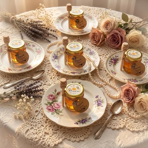 IIKUM 20 Pack Glass Honey Jars, 1.5 oz Hexagon Honey Pots with Lids, Wooden Dippers, Bee Pendants, Gift Bags, Thank You Cards, Jutes and Stickers-Ideal Gift for Baby Shower, Wedding and Party Favors