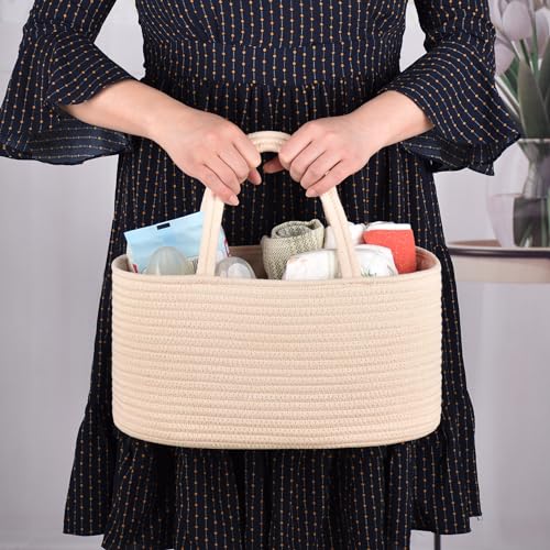 COMSE Baby Diaper Caddy Organizer with Handles, Cotton Rope, Beige - color: Beige, size: Regular
