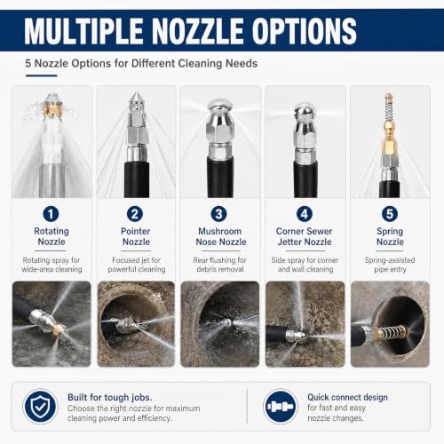 Sewer Jetter Kit for Pressure Washer, 5800PSI Drain Cleaner Hose 1/4 Inch NPT Corner Rotating and Button Nose Sewer Jetting Nozzle,Sewer Jetting Nozzles Kit with Spanner (25FT) - size: 25FT