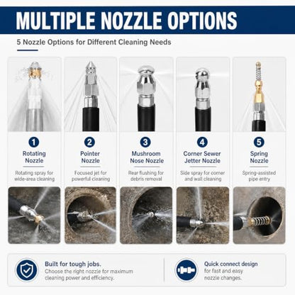 Sewer Jetter Kit for Pressure Washer, 5800PSI Drain Cleaner Hose 1/4 Inch NPT Corner Rotating and Button Nose Sewer Jetting Nozzle,Sewer Jetting Nozzles Kit with Spanner (25FT) - size: 25FT