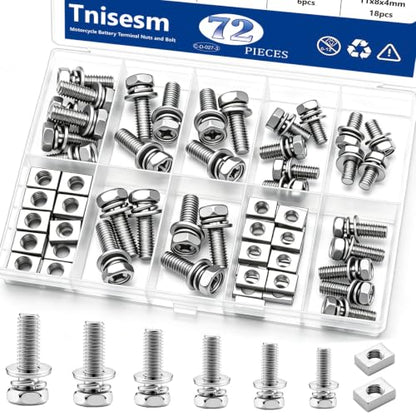 Tnisesm 72PCS M5 & M6 Motorcycle Battery Terminal Bolts and Nuts Kit Stainless Steel M5x10/12/14mm & M6x12/16/20mm Bolts with Rectangular Nuts for ATV Generator Battery Terminal Replacement - size: M5&M6-72PCS