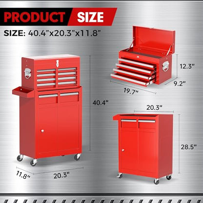 Oakcloud Heavy-Duty 5-Drawer Rolling Tool Chest & Cabinet Combo with Black Liner – Lockable Steel Garage Tool Box on Wheels – Detachable Top Toolbox & Bottom Storage Cart with Side Hooks, Red - color: Red, size: 5-drawer