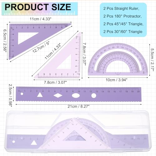 PATIKIL Geometry Set 2Pcs 8" Aluminum Ruler & 4 Triangles, Metal Protractor - color: Gradient Purple, size: 8 Inch