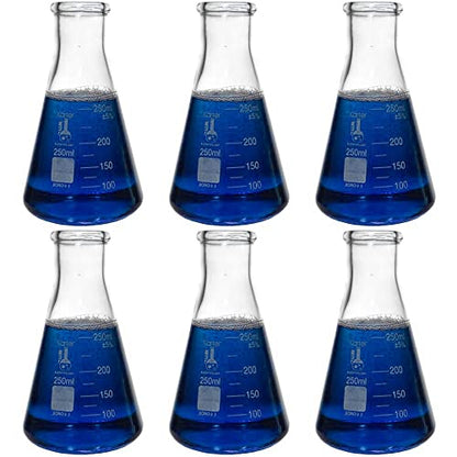 250ml Narrow Mouth Erlenmeyer Flask, 3.3 Borosilicate Glass, Karter Scientific 213G33 (Pack of 6) - size: 250ml, style: Pack of 6