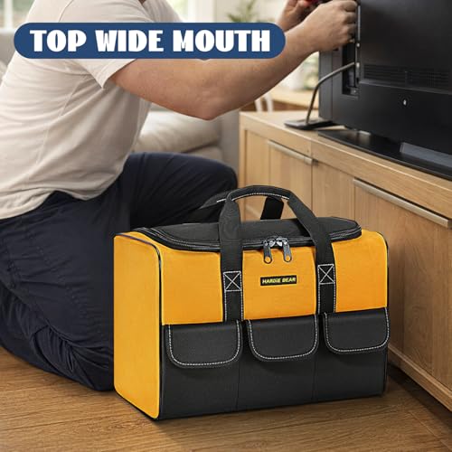 Tool Bag, 17 Inch, Yellow and Black, Wide Mouth Opening, Reinforced Handle, 3 Front Pockets - size: 17INCH/43CM
