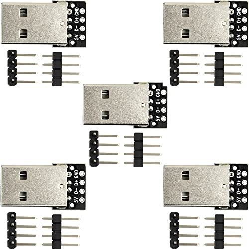 5pcs USB Type A Breakout Board Male Connector USB to DIP Adapter Power Supply Board with 4 Pin Male Pin Header and Right Angel Pin Header - color: USB A Male Breakout