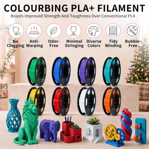 8 Colors PLA+ 3D Printer Filament Bundle, 8 Pack 250g Spool, High-Speed & Strong Toughness,Ideal as Birthday Gift - White + Red + Orange + Blue + Yellow + Green + Purple + Turquoise - color: Pla+ 250g*8- Jade White/Red/Pumpkin Orange/Green/Blue/Yellow/Tur