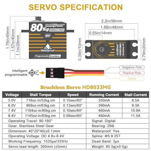 HobbyPark Waterproof 80kg Servos Brushless Motor High Torque RC Steering Servo Fast Speed Standard HV Stainless Steel Metal Gears for 1/8 1/10 RC Crawler Cars Truck Buggy 180° Programmable