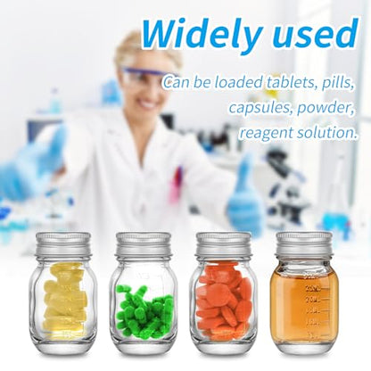 4Pcs Glass medicine bottles 1oz 30 ml Glass Reagent Bottles Transparent Sample Jar,Wide Mouth,Screw Cap with Scale for Home, Argent Lid (4)