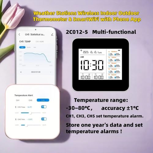 2CO12-5，Weather Stations Wireless Indoor Outdoor Thermometer & Smart WiFi with Phone App, 5 sensors Temperature and Humidity Monitor & Store Data for 1 Year, Temperature Alarm.
