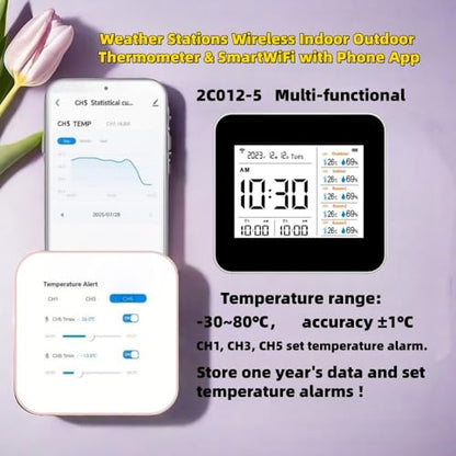 2CO12-5，Weather Stations Wireless Indoor Outdoor Thermometer & Smart WiFi with Phone App, 5 sensors Temperature and Humidity Monitor & Store Data for 1 Year, Temperature Alarm.