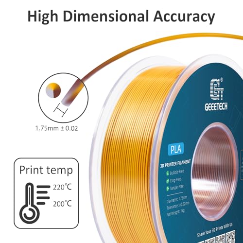 Geeetech 3D Printer Silk PLA Tri-Color Filament, Metal-Like Shiny Silk Filament 1.75mm 1kg (2.2lbs) Spool, Dimensional Accuracy +/- 0.02 mm, Tri-Color Gold Silver Copper - color: 1kg Triple Color Gold-silver-copper