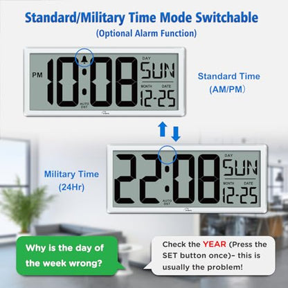 WallarGe 14.5'' Large Digital Wall Clock Battery Operated - color: White