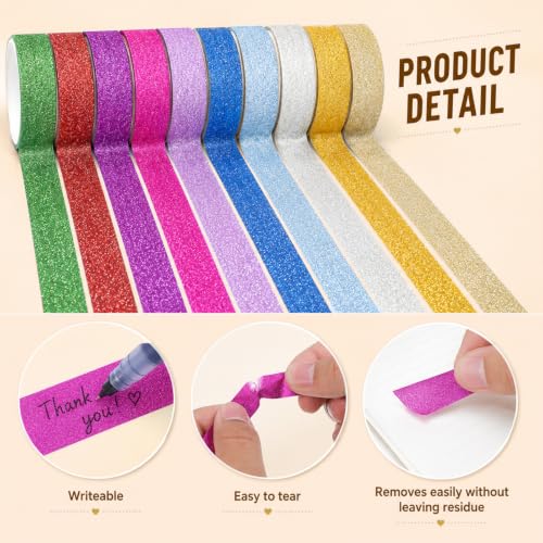 10 Rolls Glitter Washi Tape Set, 15mm Colored Masking Tape Sparkle Tapes
