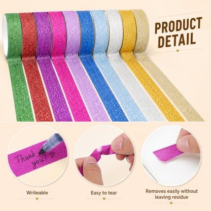 10 Rolls Glitter Washi Tape Set, 15mm Colored Masking Tape Sparkle Tapes