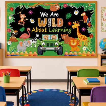 We are Wild About Learning Bulletin Board Set Jungle Animals Truck Classroom Decoration Safari Animal Forest Adventure Paper Cutouts for Teacher Back to School Chalkboard Wall Preschool Supplies - style: Safari Animal