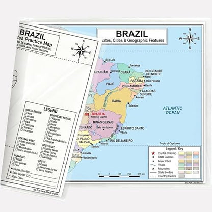 Brazil Map Poster 11x17 | Laminated Double-Sided Geography Chart with Color Map Front & Blank Outline Back | Reusable Classroom & Homeschool Learning Tool - color: Brazil