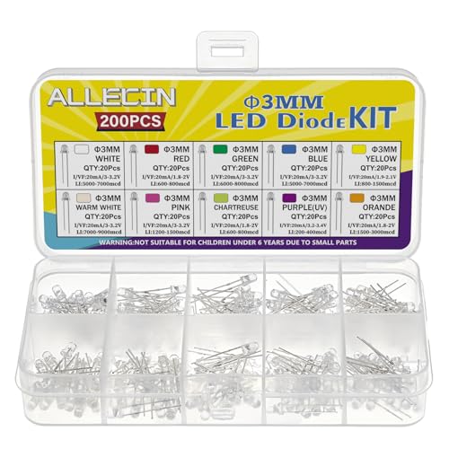 200PCS 3MM LED Diode Light Assortment Kit 10 Colors White Red Green Blue Yellow Warm White Pink Chartreuse Purple Orange Lighting Bulb Emitting Lamps Diodes Electronics Parts - style: 3MM-10Color-200pcs