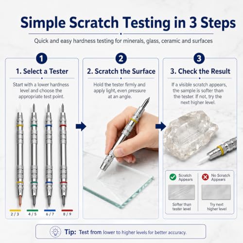 Premium Mohs Hardness Test Kit (2-9 Scale) - Mineral Identification Set with 4 Testing Pencils, Glass Plate - Accurate Hardness Testing for Rocks, Gems & Geology Enthusiasts