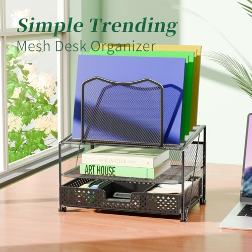 Simple Trending Mesh Desk Organizer with Sliding Drawer, Double Tray with 5 Sections File Bookshelf, Black - size: 13.25”W x 9.25”D x 15.25”H
