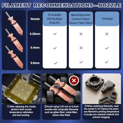 Upgraded AD5X Hotend Kit, 0.25MM/2*0.4MM/0.6MM Nozzles,4 Silicone Sock,6 Nozzle Brush,30 Cleaning Needles,4 Silicone Greases,All Metal Quick-Detachable Nozzle Kit, 32mm³/s High Flow,600mm/s High-Speed - size: 48PCS
