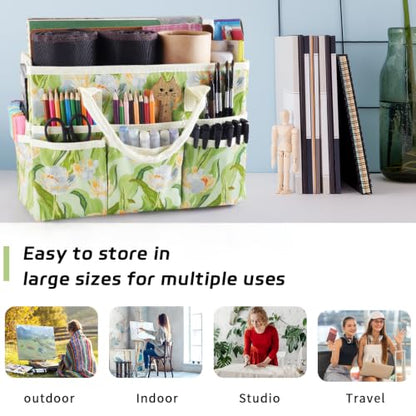 Craft Organizer Tote Bag with Multiple Pockets,Green Leaves Tulips - color: Green Leaves Tulips
