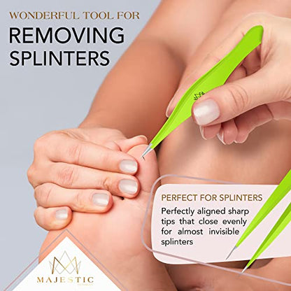 Majestic Bombay Precision Tweezers Set, Fine Point, Slant, Women and Men - color: Green