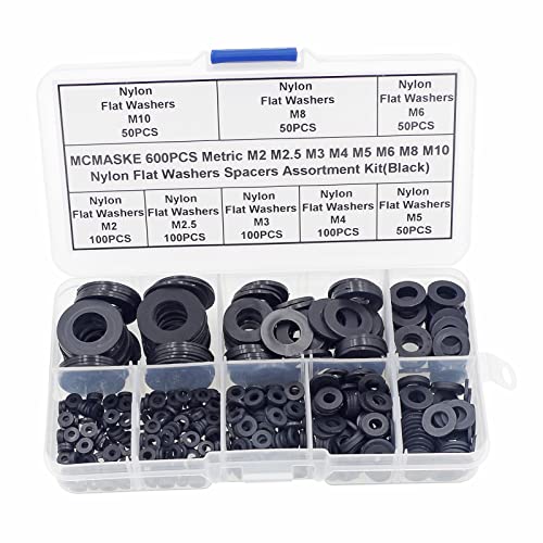 600PCS Metric M2-M10 Black Nylon Flat Washers Spacers Kit - color: Black