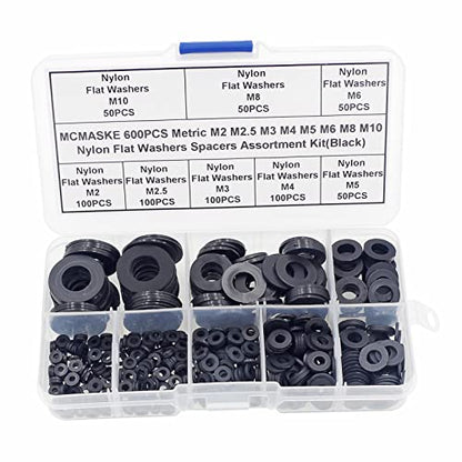 600PCS Metric M2-M10 Black Nylon Flat Washers Spacers Kit - color: Black