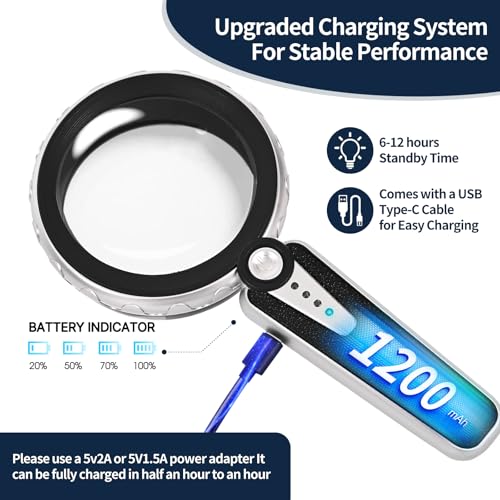 45X Magnifying Glass with Light, Rechargeable LED Magnifier for Reading - color: Black