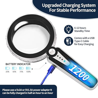 45X Magnifying Glass with Light, Rechargeable LED Magnifier for Reading - color: Black