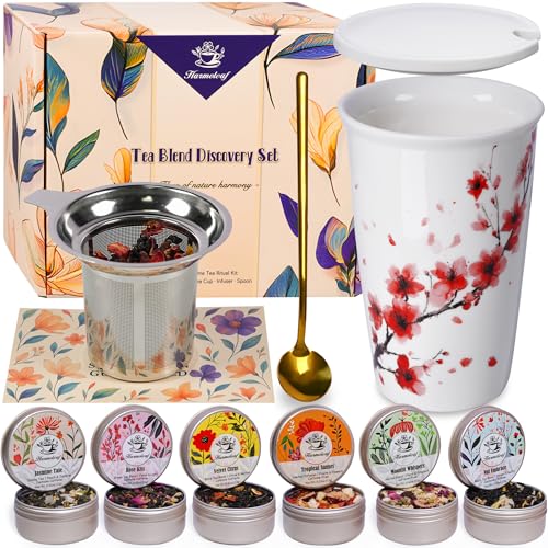 Tea Gift Set for Women - 6 Herbal Loose Leaf Tea Blends, Insulated Ceramic Cup with Infuser & Lid | Birthday, Mother's Day, Anniversary & Retirement Gift for Her - color: Cherry Blossom
