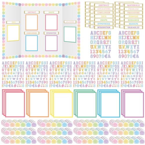 Colarr 98 Pcs Boho Pastel Science Fair Board Supplies 60 Trim Scalloped Poster Boards 24 Presentation Subtitles 6 Self Adhesive Project Titles 8 Letter Sticker for Classroom Display - style: Boho