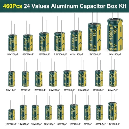 460pcs Electrolytic Capacitor Kit, 24 Values 6.3V-50V 1uF-1500uF