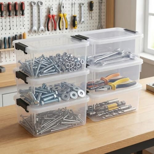 6 Pack Toolbox Organizer, Clear Plastic Screw Bins for Garage, Stackable Hardware Storage with Latching Lids, Mini Tool Box Containers for Nails, Bolts, Anchors, Fasteners, Craft Parts