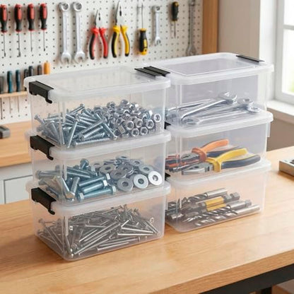 6 Pack Toolbox Organizer, Clear Plastic Screw Bins for Garage, Stackable Hardware Storage with Latching Lids, Mini Tool Box Containers for Nails, Bolts, Anchors, Fasteners, Craft Parts