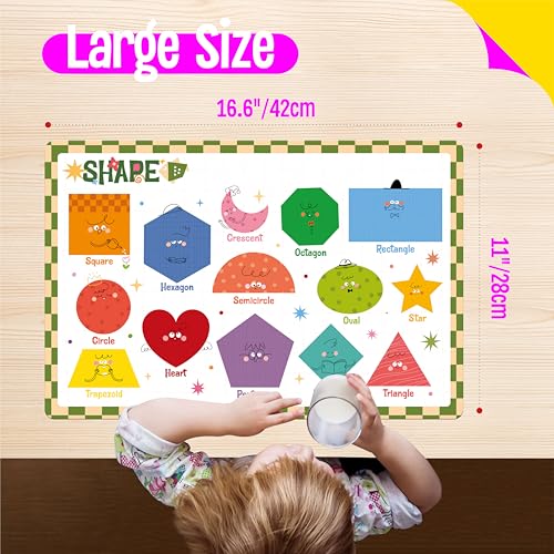 6 Pack Placemats for Kids, Non-Slip Washable, Reusable Alphabet, Number, Shape, Color, America & World Map Themed Educational Placemats for Home, Kindergarten, Classroom, Nursery - style: Education-C