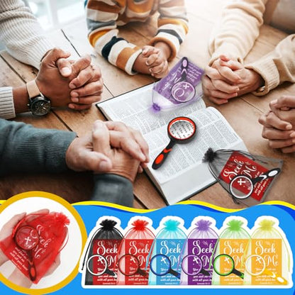 16 Pack Magnifying Glass Bulk, Handheld Magnifying Glass with Bible Cards Organza Bags for Christian Baptism Confirmation First Communion Party Favors Church Choir Members Gifts