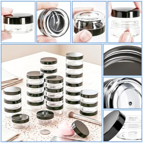 48PCS 10g Empty Clear Containers with Lids,Refillable Makeup Sample Containers, Small Sample Pot Jars Travel Makeup Container with Mini Spatulas for Liquid Powder Creams Lotions,Black Lid - color: Black, size: 10g