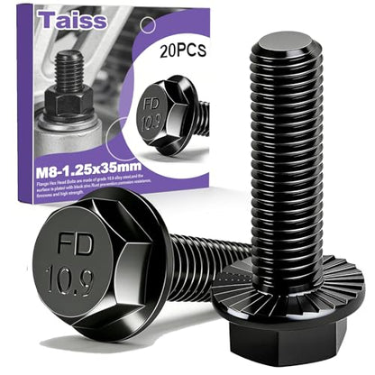 Taiss 20PCS M8-1.25 x 35mm Metric Flange Hex Head Bolts,Hex Drive Screws 10.9 Black Zinc Plated Alloy Steel,m8x1.25 Bolt,Full Thread Hex Bolts - color: BK M8x35mm