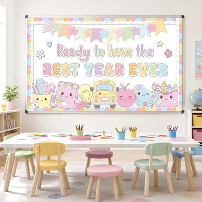 Back to School Bulletin Board Set Ready to Have the Best Year Ever Classroom Decorations Pastel Groovy Apple Motivational Paper Cutouts for First Day of School Chalkboard Wall Door Decor - style: Ready to Have the Best Year Ever